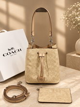 Coach Rowan Signature Apricot Bucket Bag With Small Removable Zip Pouch With OG Magnet Box & Dust cover Khakhi Apricot
