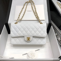 Chanel Classic Flap White Medium Lambskin With OG Box & Dust Bag 1119 White Gold