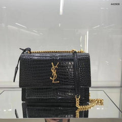 Ysl Saint Laurent Sunset bag Black Croc Embossed Leather With OG Box Dust Cover 25041 Black