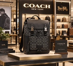 Coach Charter Backpack in Signature Canvas with Leather Flap Dual Buckle Closures & Front Zip Pocket (058)