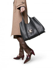 Tods T Timeless Premium Quality Leather Bag With Extra Pouch & OG Box With Dust Bag (Black - 444)