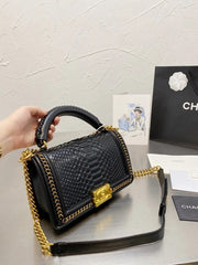 Chanel Le Boy Python Leather Bag With OG Magnetic Box & Dust Bag (Black - 236)