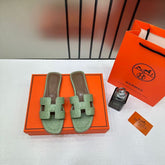 Hermes Paris Oran Flats For Her With OG Box & Carry Bag Green Slide H38