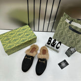 WMN Gucci Premium Black Velvet and Fur Lined Princetown Flat Mules