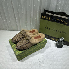 WMN Gucci Premium Brown Velvet and Fur Lined Princetown Flat Mules