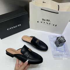 WMN Coach Premium Gold Leather Black Slip On Mules Sandal
