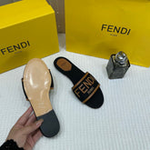 WMN Fendi Premium Roma Velvet FF Flat Slide Sandals Black