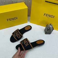 WMN Fendi Premium Roma Velvet FF Flat Slide Sandals Black
