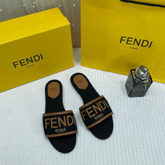 WMN Fendi Premium Roma Velvet FF Flat Slide Sandals Black