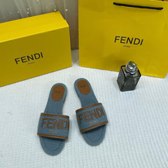 WMN Fendi Premium Roma Velvet FF Flat Slide Sandals Blue and beige