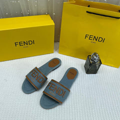 WMN Fendi Premium Roma Velvet FF Flat Slide Sandals Blue and beige