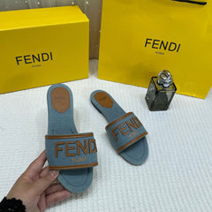 WMN Fendi Premium Roma Velvet FF Flat Slide Sandals Blue and beige