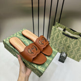 Gucci Premium Brown Leather Interlocking G Flat Slides