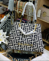 Balmain 1945 embellished leather trimmed cotton blend jacquard tote with dust cover