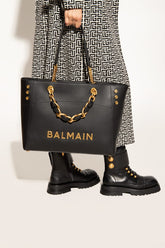 Balmain 1945 embellished leather trimmed cotton blend jacquard tote with dust cover