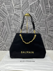 Balmain 1945 embellished leather trimmed cotton blend jacquard tote with dust cover