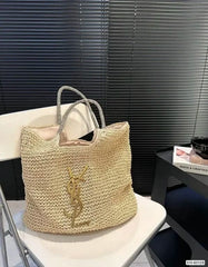 YSL Saint Laurent ICare Raffia Jute Tote Bag With OG Box & Dust Bag (Beige - 992)