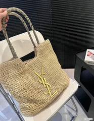 YSL Saint Laurent ICare Raffia Jute Tote Bag With OG Box & Dust Bag (Beige - 992)