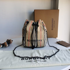 Burberry Phoebe Bucket Drawstring Pouch Bag icon Stripe E-Canvas Medium With OG Box & Dust Bag 2232