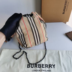 Burberry Phoebe Bucket Drawstring Pouch Bag icon Stripe E-Canvas Medium With OG Box & Dust Bag 2232