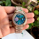 Rolex Day-Date Rose Gold Blue Dial Diamond Bezel