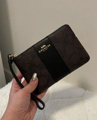 Coach Corner Zip Wristlet In Signature Brown Canvas With Black Stripe With OG Box & Dust Bag 103