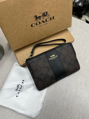 Coach Corner Zip Wristlet In Signature Brown Canvas With Black Stripe With OG Box & Dust Bag 103