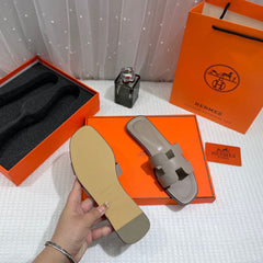 Hermes Paris Oran Flats With OG Box & Carry Bag H38 Grey Brown Slide