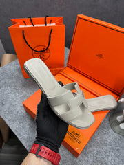 Hermes Paris Oran Flats With OG Box & Carry Bag H38 Grey Brown Slide