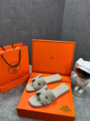 Hermes Paris Oran Flats With OG Box & Carry Bag H38 Grey Brown Slide