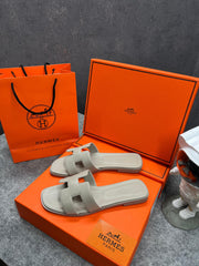 Hermes Paris Oran Flats With OG Box & Carry Bag H38 Grey Brown Slide