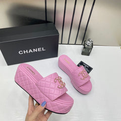 Chanel Lambskin Quilted CC Mules Wedge Sandals With OG Box & Dust Bag Pink 66232