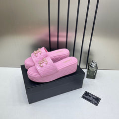 Chanel Lambskin Quilted CC Mules Wedge Sandals With OG Box & Dust Bag Pink 66232