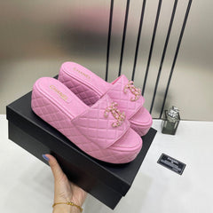 Chanel Lambskin Quilted CC Mules Wedge Sandals With OG Box & Dust Bag Pink 66232