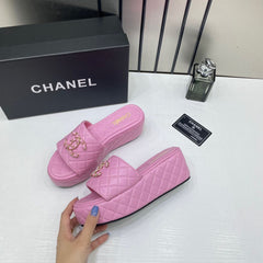 Chanel Lambskin Quilted CC Mules Wedge Sandals With OG Box & Dust Bag Pink 66232