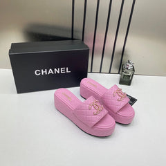 Chanel Lambskin Quilted CC Mules Wedge Sandals With OG Box & Dust Bag Pink 66232
