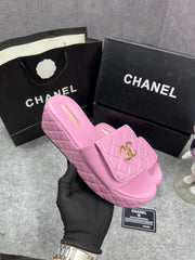 Chanel Lambskin Quilted CC Mules Wedge Sandals With OG Box & Dust Bag Pink 66232
