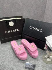 Chanel Lambskin Quilted CC Mules Wedge Sandals With OG Box & Dust Bag Pink 66232