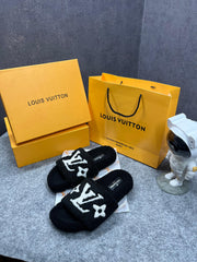 Louis Vuitton Furry Black White Slippers For Her With OG Box Dust Bag & Carry Bag Black White
