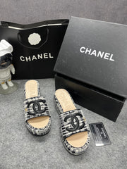 Chanel Embroidery Leather Wool Black CC Heel Wedge Sandals With OG Box Dust Bag & Carry Bag 9816-3 Black