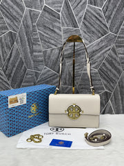 Tory Burch Miller Leather Shoulder Sling Bag With OG Box & Dust Bag Beige TR626