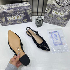 Christian Dior JAdior Slingback Transparent Mesh Black Dior Embroidery Flat With OG Box Dust Bag & Carry Bag