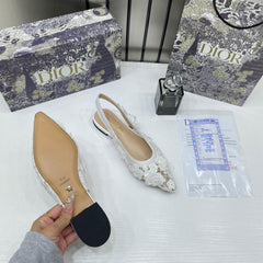 Christian Dior JAdior Slingback Transparent Mesh White Dior Embroidery Flat With OG Box Dust Bag & Carry Bag