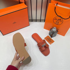Hermes Paris Oran Flats For Her With OG Box & Carry Bag H38-41 Orange Slide
