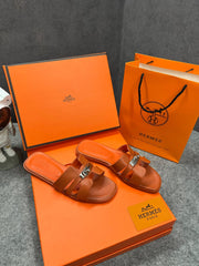 Hermes Paris Oran Flats For Her With OG Box & Carry Bag H38-41 Orange Slide