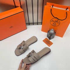 Hermes Paris Oran Flats For Her With OG Box & Carry Bag H38-41 Khakhi Slide