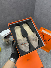 Hermes Paris Oran Flats For Her With OG Box & Carry Bag H38-41 Khakhi Slide