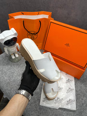 Hermes Calfskin Suede Leather Cork Eze 30 Sandals White With OG Box Dust Bag & Carry Bag