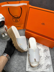 Hermes Calfskin Suede Leather Cork Eze 30 Sandals White With OG Box Dust Bag & Carry Bag