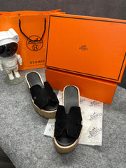 Hermes Calfskin Suede Leather Cork Eze 30 Sandals Black With OG Box Dust Bag & Carry Bag
